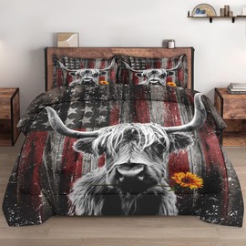 WeCozy Queen Size Comforter Set with 2 Pillowcases, Highland Cow Animal 3 Pcs Bedding for Kids and Adults, Buffalo Bull Farm American Flag Soft Comforter Set for Bedroom Bed Decor