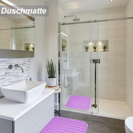 Shower Mat, 48 x 48 cm, Non-Slip Square Bath Mat, Hangers and Drainage Holes, Purple