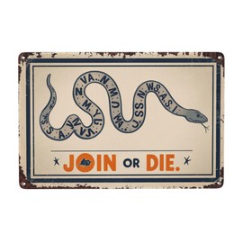 Snake Join or Die Vintage Tin Sign, 8X12 Inch Retro Metal Wall Decor for Historical, Patriotic, or Man Cave Theme, Unique and Eclectic Wall Art for History Buffs