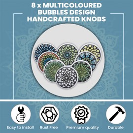 ETHNICITI 8 x Round Multicolour Bubbles Geometric Handmade Ceramic Door Knobs Cupboards Drawers Cabinets Wardrobe Assorted Vintage Shabby Chic Kitchen Bedroom Living Room Furniture Dresser Pull Handle