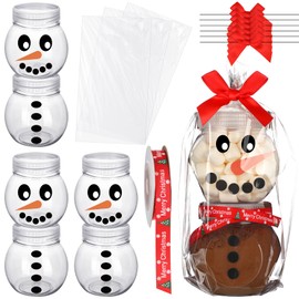 Blushtier 6 Set Christmas Hot Cocoa Bar Supplies Snowman Hot Chocolate Jars Accessories 8.45 oz Clear Snowman Storage Container Kit with Lids Ribbon Bow Bags for DIY Xmas Holiday Winter Party Favors