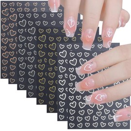 8 Sheets Heart Nail Art Stickers 3D French Metallic Nail Decals Self-Adhesive Love Heart Valentine's Day Nail Art Supplies Hearts Series Romantic Love Heart Simple DIY Nail Decoration for Women