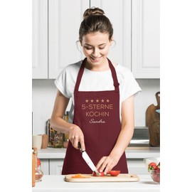 SpecialMe® Kochschürze Küchenschürze Damen 5 Sterne Köchin personalisierte Schürze für Frauen mit Namen Baumwolle bordeauxrot unisize