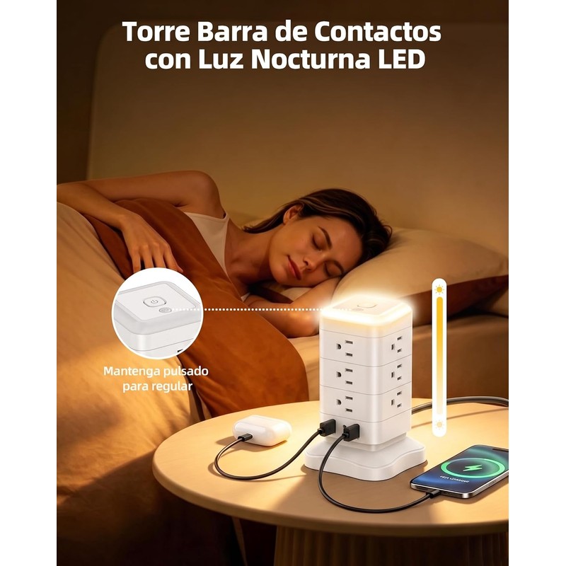 LUKITO Regleta Torre Multicontacto con Luz Nocturna, Extension Electrica 3M,Conector