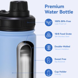 DOMICARE 16 oz Kids Water Bottle for School Stainless Steel Double Wall Vacuum Insulated Water Bottle with Straw lids & Spout Lid, Leakproof BPA Free (Blue/Pink,1)