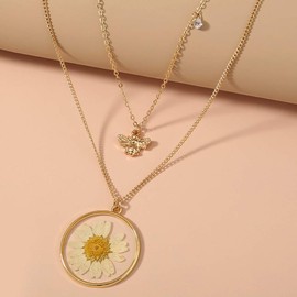 KOEDLN Double Layers Daisy Bee Pendant Necklace Dried Flowers Resin Sunflower Collar Necklace for Women