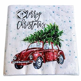Mesafina 40-ct 13x13 Christams Car Tree Delivery Christmas Dinner Napkins | Decoupage Decorative Paper Winter Napkins, White, Red, Green, Black, inches