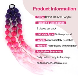 2PCS Colorful Synthetic Bubble Ponytail Extensions,24inches Lightweight Braided Hair Extensions, Festival Rave Accessories for Girls Crazy Hair Day (Ombre Dark Purple to Dark Pink to Light Pink)