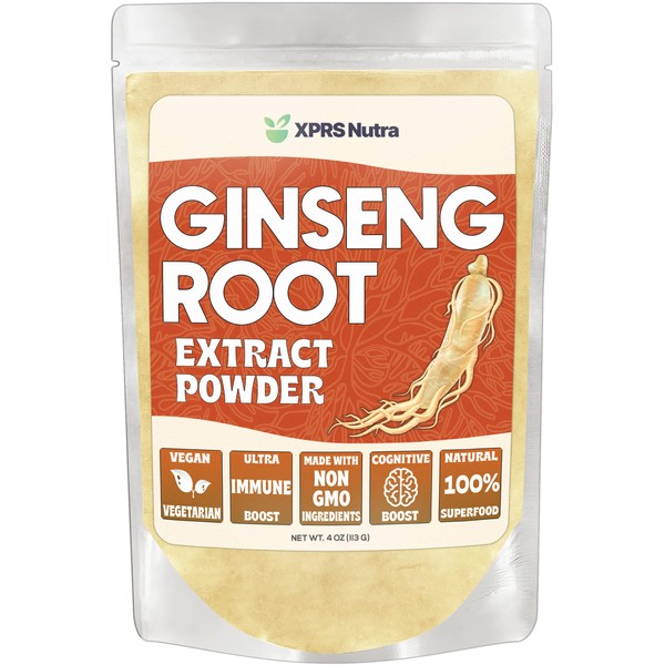 XPRS Nutra Ginseng Root Extract Powder - Ginseng Powder Supports Cognitive Function, Physical Performance, and Immune System - Vegan Friendly Panax Ginseng in Powder Form (4 Ounce)