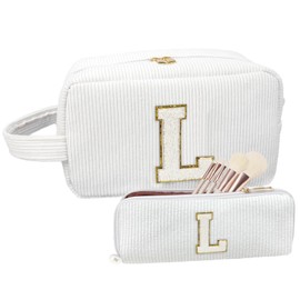 Cosmetic Bag Small and Large for Women's Handbag, Cord Make Up Bag, Small Makeup Bag, Toiletry Bag, Makeup Bag, Cosmetic Bag, Cosmetic Bag, Mini Large, Travel Fabric Bag, White, Letter:L