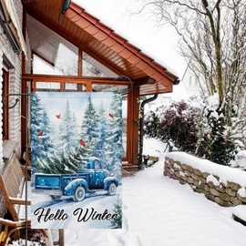 Heyfibro Hello Winter Garden Flag Retro Blue Truck Christmas Tree Garden Flags 12x18 Inch Double Sided Burlap Cardinal Yard Flags for Winter Christmas Seasonal Outside Outdoor Decoration (ONLY FLAG)