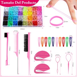 NUHEXRY 1800 Mini Bandas de Goma con Herramientas de Peinado para el Cabello, 1 Organizer for Rubber Bands, 2 Cortadores de Cola de Caballo, 1 Cepillo de Burla, 1 Peine de Cola de Rata, 1 Cepillo de Borde de Doble Cara,10 pzs para el Cabello, 2 Herramien