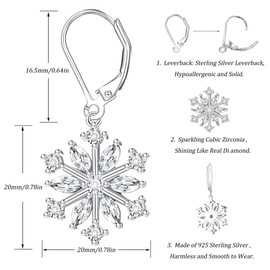 KRFY Snowflake Earrings 925 Sterling Silver for Women Girls Drop Earrings 18K Gold Plated Leverback Winter Dangle Snowflake Earrings Holiday Xmas Christmas Jewelry Gifts with Boxs
