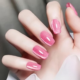 Cat Eye Press on Nails Medium Square Glue on Nails Glitter Glossy Fake Nails Pink Translucent Nails Press ons Solid Color Acrylic Nails Reusable False Nails for Women 24 Pcs