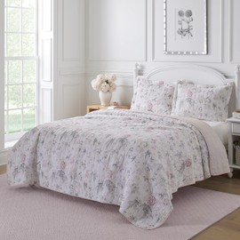 Laura Ashley Laura Ashley - Queen Quilt Set, Reversible Cotton Bedding with Matching Shams, Lightweight Home Decor for All Seasons (Breezy Floral Pink/Grey, Queen)