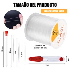 2 Pcs Cordón de Hilo Elástico de Cristal de 0.8 mm x 100 m, Hilo Elastico para Pulseras, Hilo de Cristal Transparente y Resistente, con 3 Agujas de Cuentas, para Abalorios, Pulseras y Manualidades