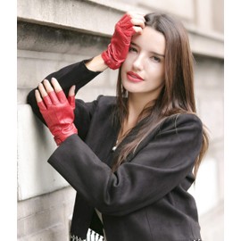 YISEVEN Women's Classic Sheepskin Leather Fingerless Gloves Lined Classic Soft Sheepskin 1/2 Half Finger Button Punk Motorcycle Cycling Fitness Touchscreen Warm Winter, Red 6.5"/Small