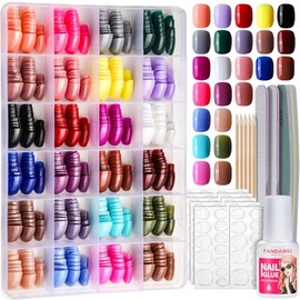 Fandamei FANDAMEI Press on Nails Short, 24 Packs 576PCS Small Short Round Press on Nails, 24 Glossy Color Small Fake Nails, Glue on Nails with 7g Nail Glue, 24 Color False Nail for Small Nails and hands