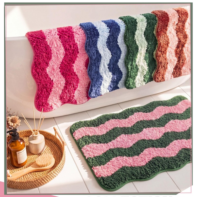 Nuanchu Cute Scalloped Bathroom Rug, Plush Tufted Absorbent Soft Wave