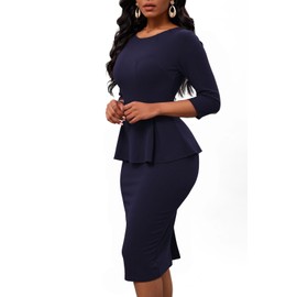 Women Fashion Peplum Bodycon 3/4 Sleeve Bow Wear to Work Club Business Formal Ruffle Pencil Party Dress Dark Blue Large