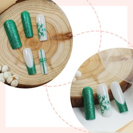 Sparkly Green Snowflake Press on Nails Green French Tips Fake Nails 24Pcs Long Square Glossy Green Glitter Acrylic False Nails Xmas Tie Bow Gel Glue on Nails Shine Line Stick on Nail for New Year Gift