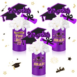 Domensi 3 Sets Graduation Table Centerpiece Decorations Class of 2025 Includes 3 Silk Artificial Flower 9 Congrats Grad Sticks Picks Toppers 3 Metal Vases for Home Party Supplies Gifts(Purple)