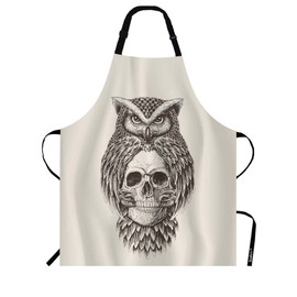 Beabes Owl and Skull Kitchen Apron Evil Bird Wings Feather Skeleton Head Cooking Bib Aprons for Chef Restaurant Home Cleaning Serving Painting 27" X 31"