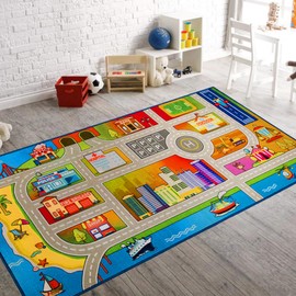 Booooom Jackson Kids Rug for Toy Cars 4.9x6.6ft Colorful Non Slip Kids Traffic Playmat for Playroom Bedroom Kids Room Classroom Kids Play Rug Area Rug Road Rug Blue Kids Play Carpet Race Track Mat