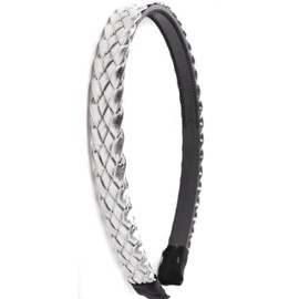 Mytoptrendz® Faux Leather Braided Headband Narrow Flat Aliceband with Teeth Grip Non Slip Hair Bands Women Teens Girls Trendy Classy Hair Accessory (Silver)