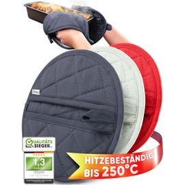 WOHNHELD® Oven Gloves & Pot Holder Set I 2 Pieces I Extremely Heat Resistant 250°C I Machine Washable I Pot Holder Glove I Pot Gloves Pot Mat I 20 x 20 cm I Grey Round