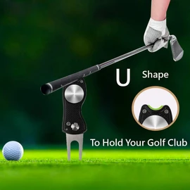 Metal Foldable Golf Divot Repair Tool with Pop-up Button & Magnetic Ball Marker