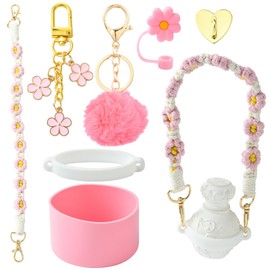 KitBeads Pink Tumbler Cup Accessories Set Including Water Bottle Handle Strap, Cup Boot, Straw Cover, Plush Ball and Key Charm for Tumbler Cup 30oz 40oz, Metal, No Gemstone
