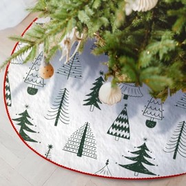 Christmas Tree Skirt 48 Inch White Background Christmas Tree Ornaments with Green Pine Trees Pattern for Merry Christmas Xmas Holiday Farmhouse Party Decor