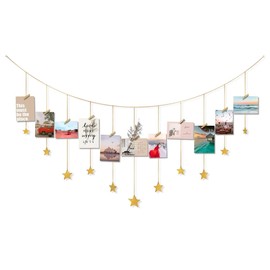 Hanging Photo Display with Clips Star Garland with 30 Wooden Clothes Pins | Boho Celestial Bedroom Dorm Wall Decor for Teen Girls | Graduation Party Polaroid Picture Holder (49" Length)