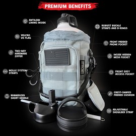 LUNCHALOT Half Gallon Water Bottle Jug - 84 Oz Insulated Stainless Steel Metal Water Jug with Holder - Carrying Bag - Spout Handle - Straw Lids - Keep Cold & Hot - White Tactical Flask