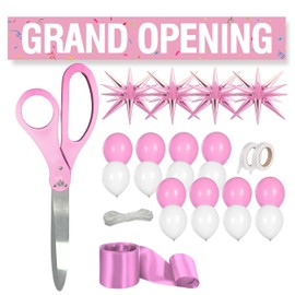 Ribbon Cutting Ceremony Kit Pink - 25 Inch Giant Scissors for Ribbon Cutting Pink Banner and Star Balloons Satin Ribbon for Special Events and Business Openings Inaugurations