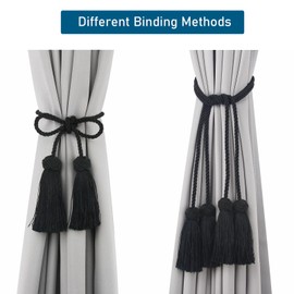 Porlau Elegant Curtain Tiebacks Rope Decorative Curtain Tie Backs for Drapes Hand Woven Window Treatment Holdbacks with Tassel, Black 2pack