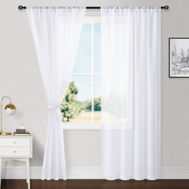 Hiasan White Sheer Curtains 84 Inches Long with Tiebacks, Light Filtering Voile Drapes Rod Pocket Window Curtains for Bedroom, Living Room, W52 x L84, Set of 2 Lightweight Drape Panels
