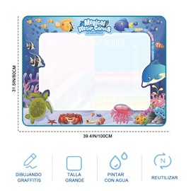 HIHALO Tapete mágico Infantil,Pizarra mágica Infantil,Pintar con Agua,100×80cm tapete para Pintar Grande, con 3 bolígrafos de Agua, 1 álbum de Fotos, 2 Plantillas de EVA y 4 Sellos (océano)