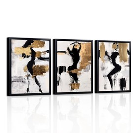 LevvArts Black and Gold Bathroom Decor Abstract Women Wall Art Set of 3 Black Frame Black Beige and Gold Paintings