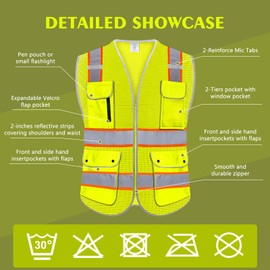 Rhino Hit Reflective Safety Vest for Men Women with 8 Pockets and Zipper Front High Visibility Mesh Construction Vest