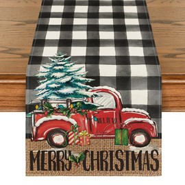Artoid Mode Buffalo Plaid Merry Christmas Tree Table Runner, Seasonal Truck Gifts Kitchen Dining Table Decoration for Outdoor Home Party 13x108 Inch