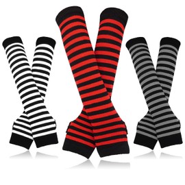 Bellady 3 Pairs Striped Arm Warmers Fingerless Gloves for Women, Black, One Size
