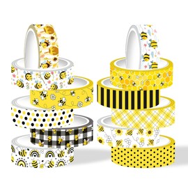 Ktxaby 12 Rollen Bienen Washi Tape Set, Hummel Gänseblümchen Masking Tapes, Gelb Schwarz Kariert Polka Dot Dekorative Washi Tapes für DIY Kunst Handwerk(5m/Rolle)