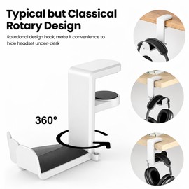 Rotating Headphone Holder for Desk – No-Punch Plastic Headset Hook for Organized Desktop Storage