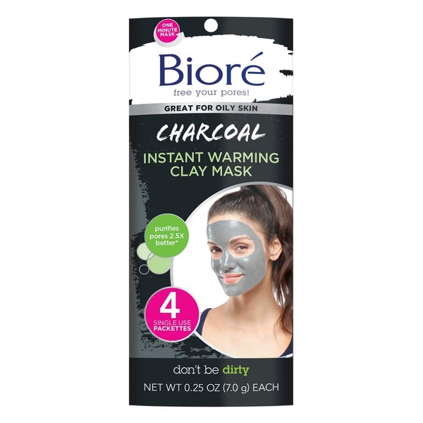 Bioré Charcoal Instantly Warming Clay Facial Mask for Oily Skin, 4 Count, with Natural Charcoal, Cleanse Clogged Pores, Dermatologist Tested, Non-Comedogenic, Oil Free