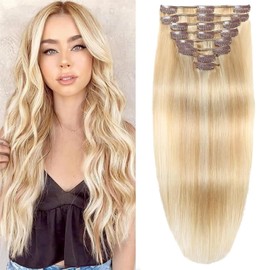 Clip in Hair Extensions Real Human Hair Clip in Extensions for Women Seamless Balayage Dark Blonde to Bleach Blonde Straight Remy 100% Human Clips ins Extension 8pcs Double Weft 22 inch 4oz/110g
