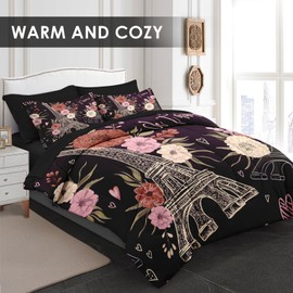 Pamnest Comforter Set King Size, Paris Vintage Eiffel Tower 7 Pcs Bedding for Kids and Adults, Floral Retro Flower Bed Sheet Sets with Fitted Sheet 2 Pillowcase & 2 Sham for Bedroom Bed Decor