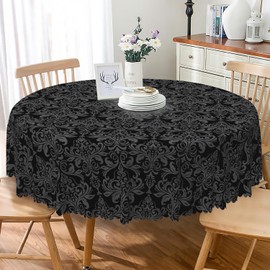 TTQYFNM Black Round Tablecloth 60 Inch Damask Floral Print Pattern Polyester Table Cloth Waterproof Wrinkle Resistant Oil Proof Table Cover for Kitchen Dinning Tabletop Patio Banquet Party Supplies