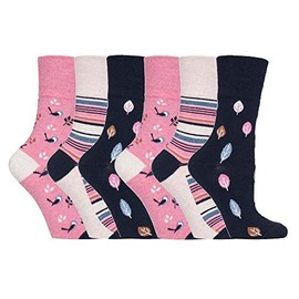 Gentle Grip - 6 Pack Womens Non Elastic Loose Top Patterned Cotton Rich Socks (4-8 uk, GG168 Birds/Leaves)